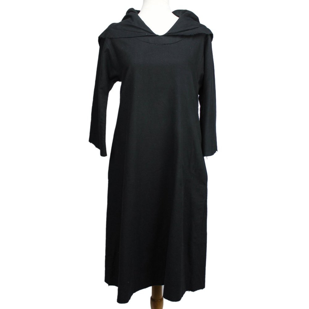 VTG Sonia Rykiel Black Cotton Flannel Raw Hems Hooded Cloak Robe Dress 40 France
